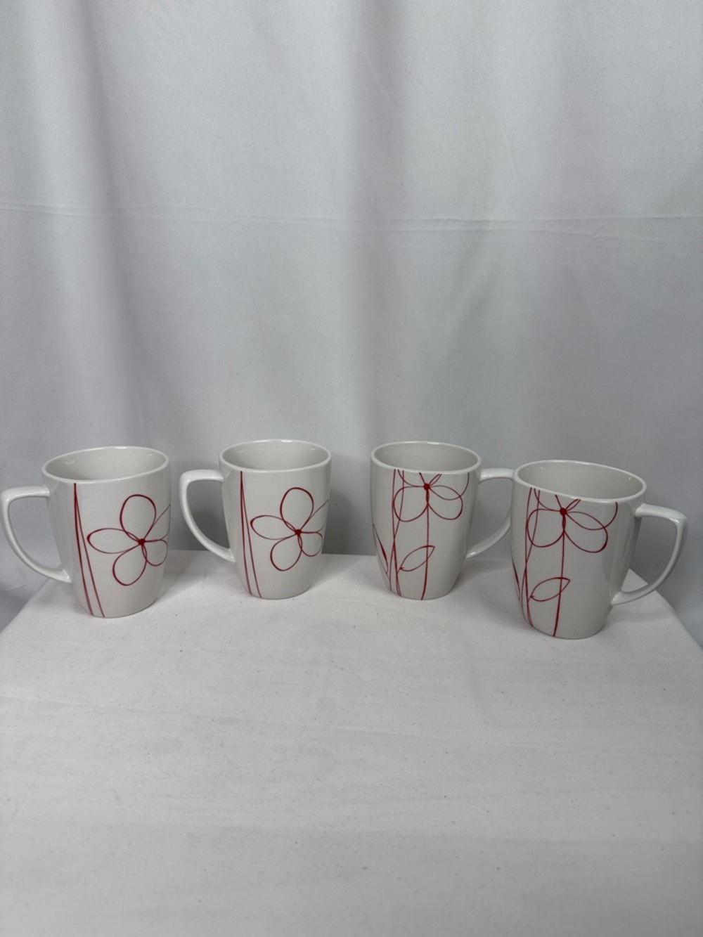 Corral White Mugs with Red Floral Line Design - Set of 4